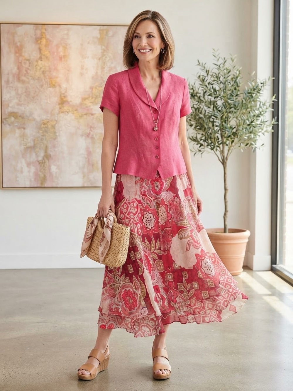 Miss Dorby Vintage 2-Piece Pink Linen Blouse & Floral Chiffon Midi Skirt Set